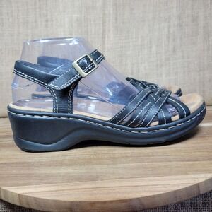 Clarks Leather Wedge Sandals Black Strappy Comfort Slingback Women's 7.5N Casual